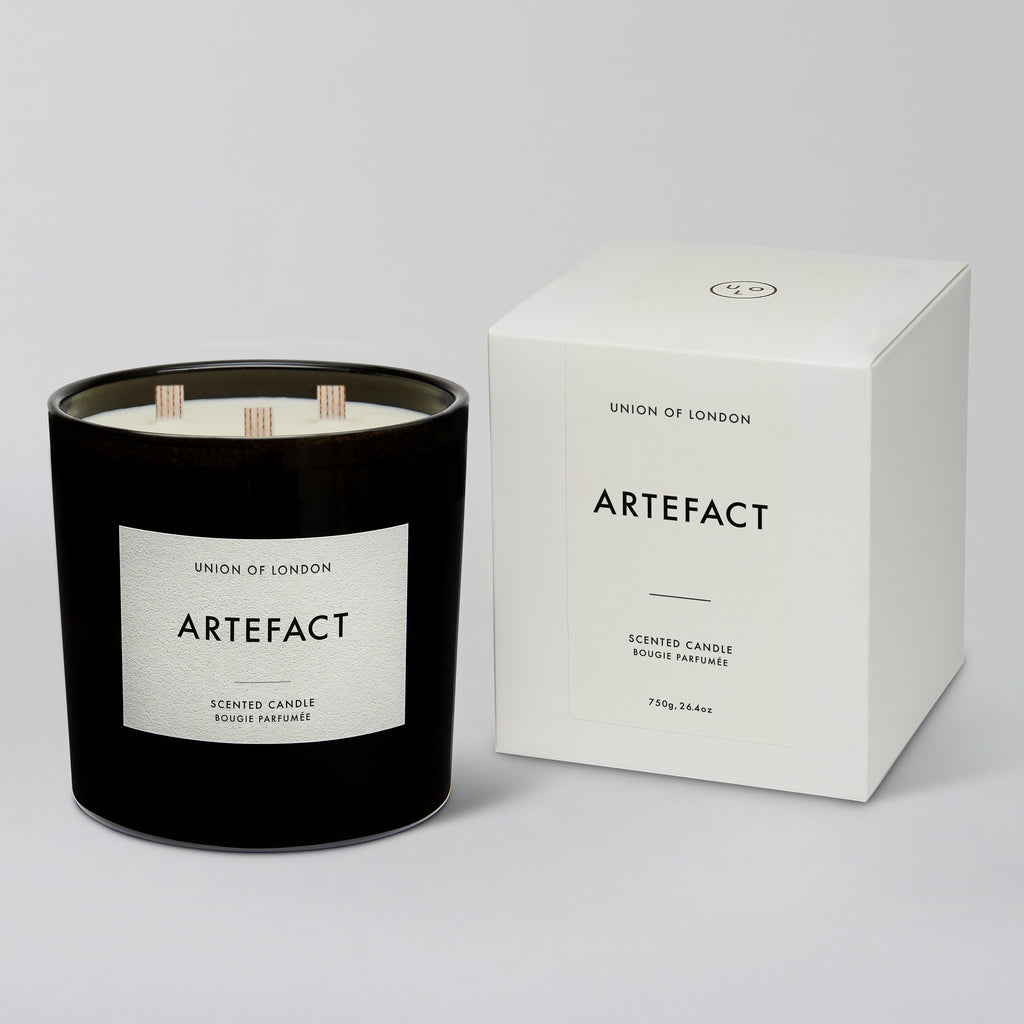 The Artefact large black triple wick candle has a beautiful blend of smoke and leather with notes of&nbsp; cedarwood, citrus, tobacco, musk and amber.&nbsp; &nbsp;The fragrance is perfect for cosy evenings.&nbsp; All of Union of London's candles are hand poured in the UK from soy wax and they only use quality fragrances and essential oils so they give a lovely clean burn.&nbsp; The unique wide cotton wick creates a large warm light giving any room an added elegance.