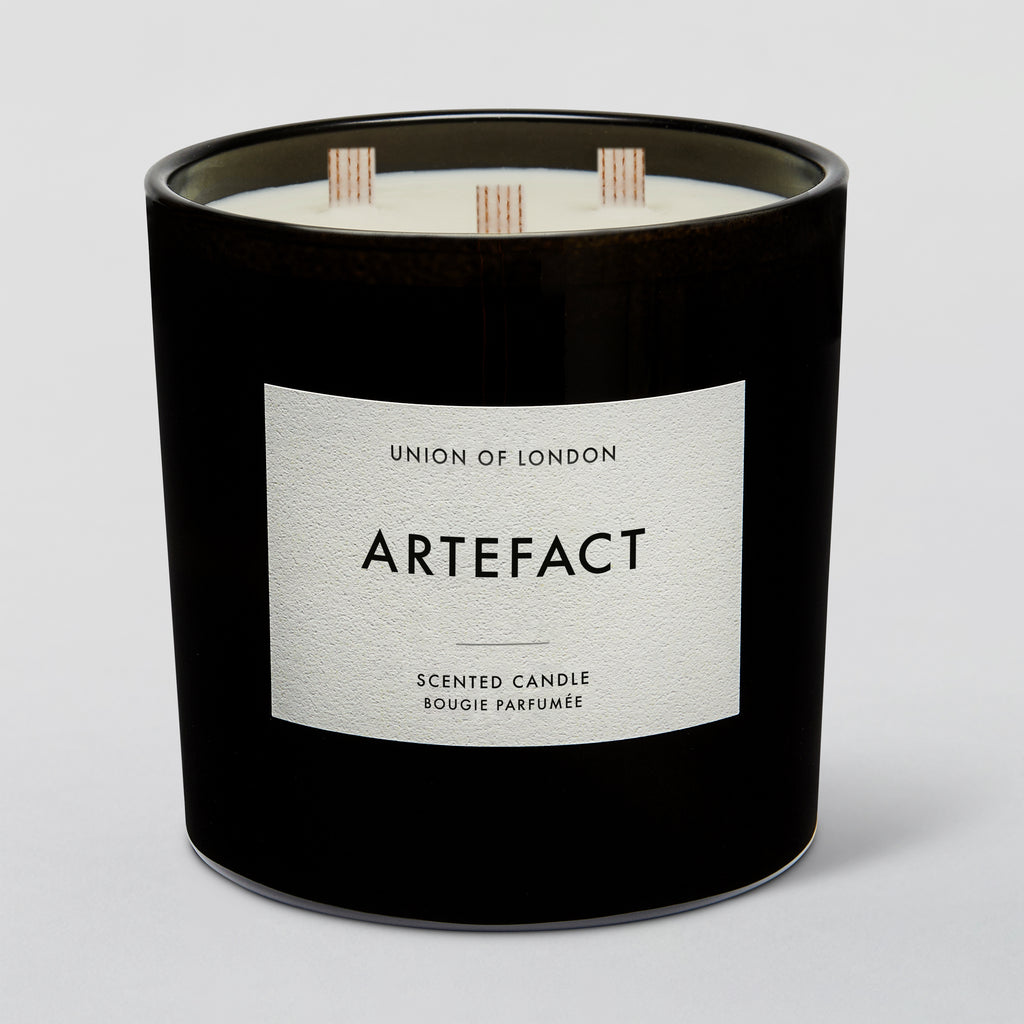 The Artefact large black triple wick candle has a beautiful blend of smoke and leather with notes of&nbsp; cedarwood, citrus, tobacco, musk and amber.&nbsp; &nbsp;The fragrance is perfect for cosy evenings.&nbsp; All of Union of London's candles are hand poured in the UK from soy wax and they only use quality fragrances and essential oils so they give a lovely clean burn.&nbsp; The unique wide cotton wick creates a large warm light giving any room an added elegance.