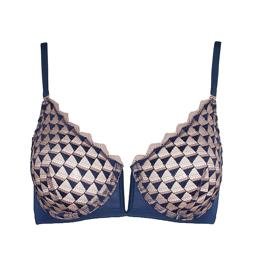 Indulge in the allure of this lace geometric patterned underwired bra in navy and nude.  Comfortable aswell as beautiful the stretch lace cups fit perfectly and the v- cut front enhances the cleavage.  Matching items also available.  
