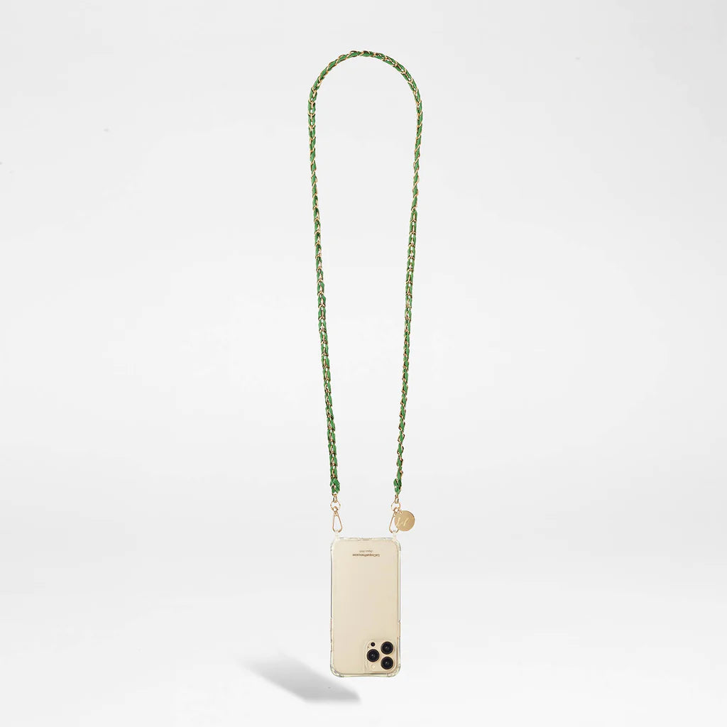 No need to search for your phone at the bottom of your bag or on your desk, it now follows you everywhere! They can be worn across the body or just around your neck.  The Lou Chain measures 120cm long and is made in ultra resistant resin. The gold carabiners firmly attach to their phone holder. The phone holders are sold separately!