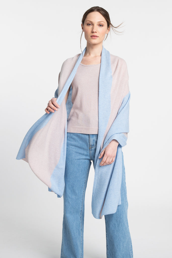 Never under-estimate the benefit and outfit elevation of a fabulous wrap.  This gorgeous and super soft cashmere blend wrap from Kinross in beautiful pale blue and beige will quickly become your go-to to add some warmth!  Perfect for travelling as well.