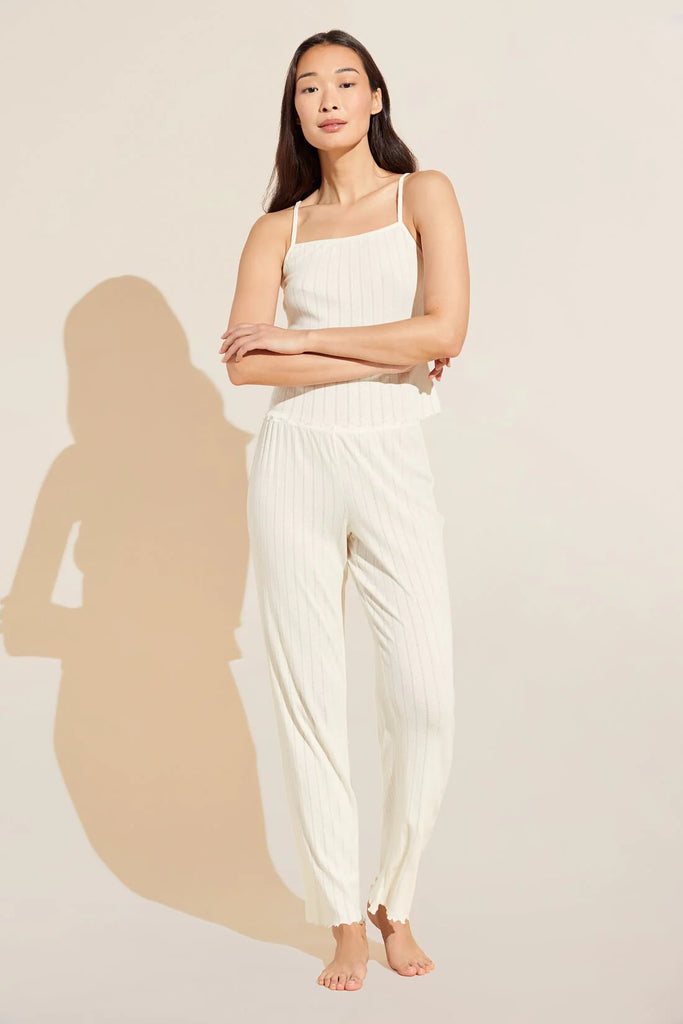 This luxurious loungewear set from Eberjey's latest collection is a classic and you will want to wear it all the time, whether you're sleeping or simply lounging.  It is crafted from a blend of Prima Cotton and Tencel Modal, making it extremely soft, comfortable and easy to wear.  The cami has adjustable spaghetti straps and the relaxed pants are mid-rise with an elastic waist.  Both have a pretty frilled hem, giving them a gorgeous feminine look!