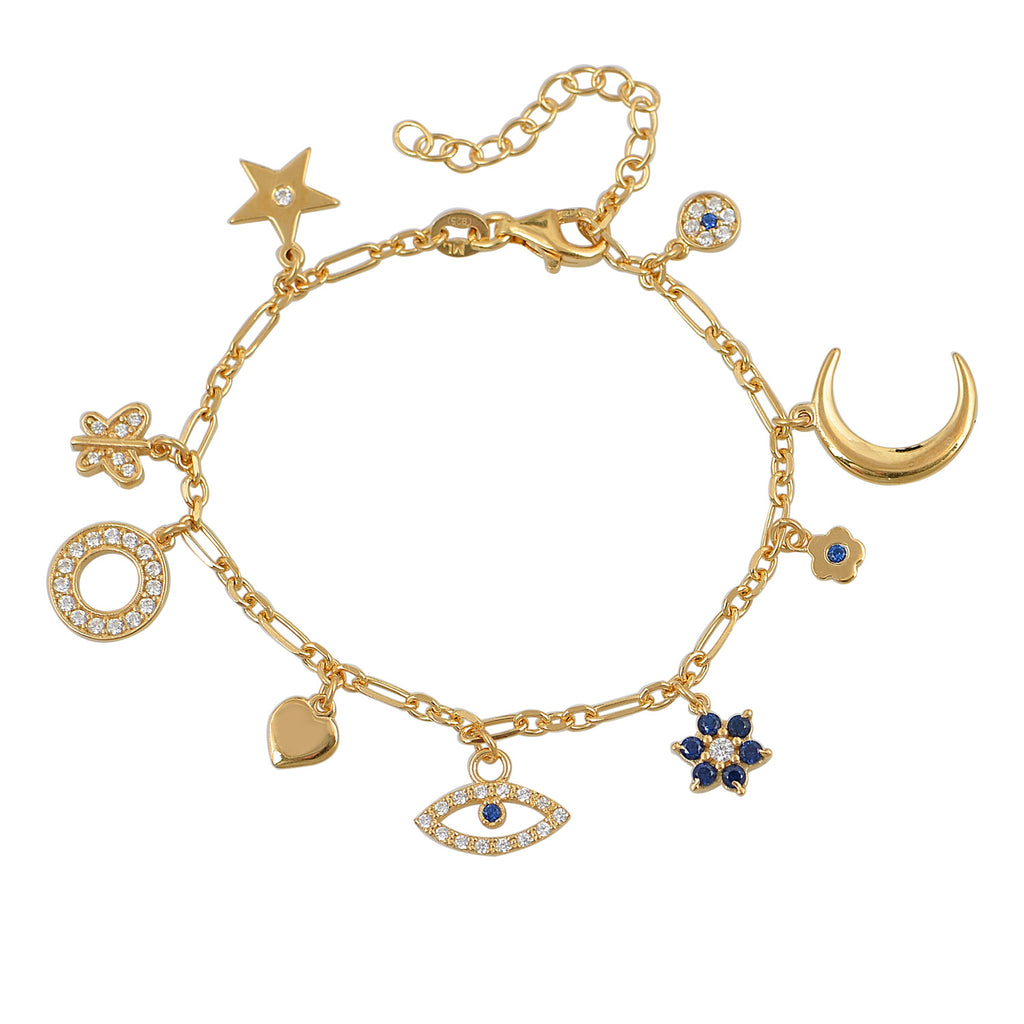 We are excited to be stocking Greek Jewellery brand Marianna Lemos!   The stylish Charm Bracelet is crafted from 22 carat gold plated Sterling silver and features charms, including a star, moon, heart, butterfly, flowers and sparkling eye set with white and deep blue crystals.  The charms are suspended from an adjustable wrist chain.  Pair with the matching necklace for a put together look!      