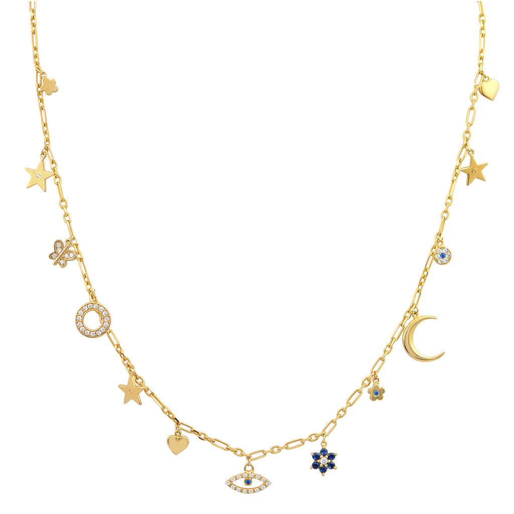 We are excited to be stocking Greek Jewellery brand Marianna Lemos!   The stylish Charm Necklace is crafted from 22 carat gold plated Sterling silver and features charms, including a star, moon, heart, butterfly, flowers and sparkling eye set with white and deep blue crystals.  The charms are suspended from an adjustable 50cm chain.  Pair with the matching bracelet for a put together look!