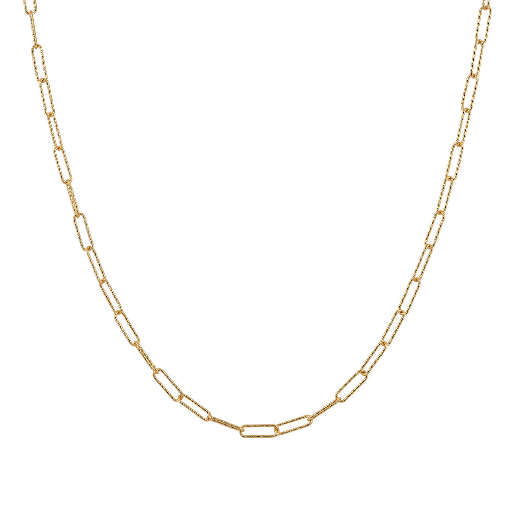 We are excited to be stocking Greek jewellery brand Marianna Lemos!  The Rectangular Link Chain is crafted from 22 carat gold plated Sterling silver and features a textured surface giving it a slight sparkle.  The adjustable chain is 50cm long and can be worn alone or is ideal for layering.  It's perfect for everyday wear!