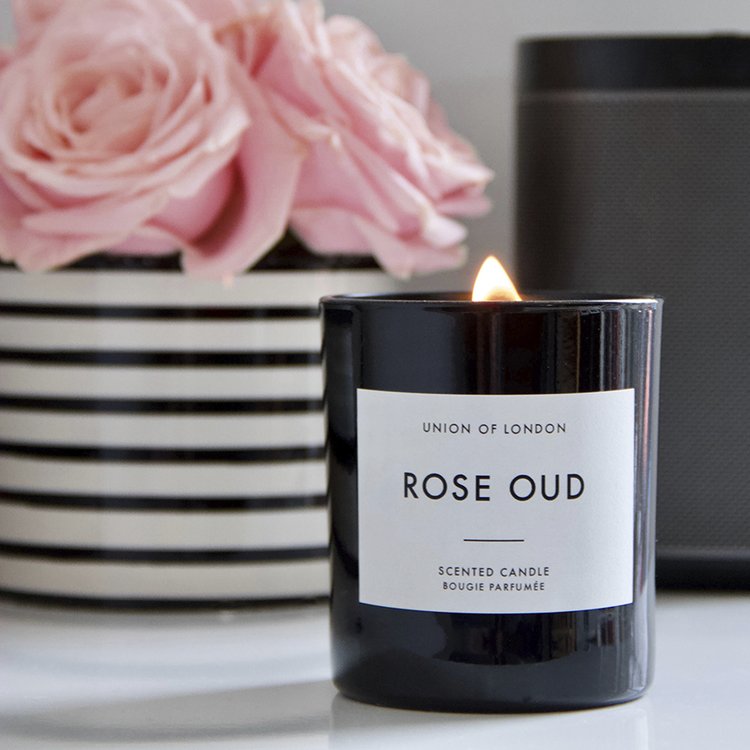 We are so delighted to be stocking Union of London's gorgeous candles.  The Rose Oud large black candle is the perfect combination of floral rose and smoky oud with a touch of clove and praline.  This is a quiet luxury scent - rich yet soothing.  All of Union of London's candles are hand poured from soy wax and they only use quality fragrances and essential oils so they give a lovely clean burn.  The unique wide cotton wick creates a large warm light giving any room an added elegance.