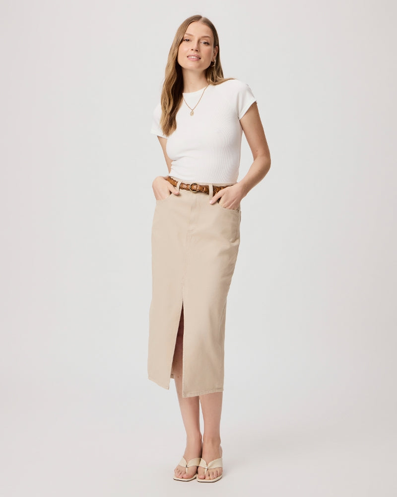 Denim midi skirts are trending!&nbsp; We fell in love with Angela in denim and now it's in a fab soft beige colour!&nbsp; This high-waisted Angela Skirt from Paige is the perfect piece that can be worn with anything from flats to knee-high boots. Cut from super soft denim, this skirt has a hint of stretch for comfortable movement. This midi features natural fading, a front slit and a finished hem.