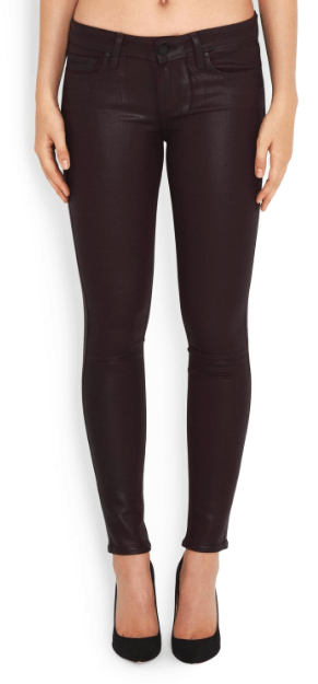 Paige's Verdugo Jean in Wine combines the brand's transcend fiber technology with a super gloss pigment that combines the look of leather with a silhouette that you can live in. The mid-rise Verdugo sits at the waist and fits through the hip, thigh and ankle for a true skinny fit. This denim is crafted with the luxe, Wine wax coating for a sleek look and true, rocker style.  52% Rayon 26% Cotton 18% Polyester 1% Spandex