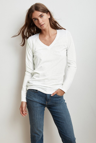 Say hello to Bridget.  Crated from Velvet by Graham & Spencer's signature cotton slub this is the softest tee you'll ever find.  With the perfect v and a slightly relaxed shape this will be one you turn to again and again - you'll want it in every colour!    