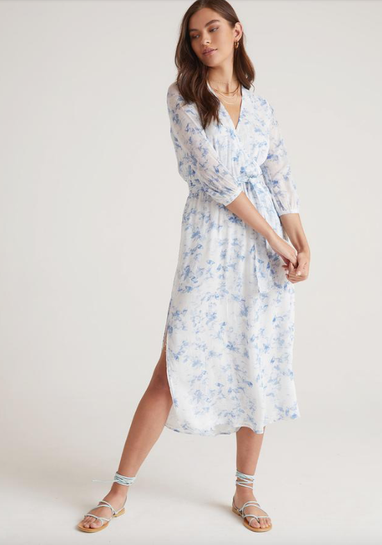 Super feminine and super soft this maxi dress from Bella Dahl does not disappoint.  Crafted from their signature soft fabric in a pretty indigo floral print this is a flattering and easy dress to wear.  Featuring a cross front top, 3/4 length sleeves and an adjustable waist with tie to cinch this is the epitome of effortless dress.  Great for dressing up or down we love this one!