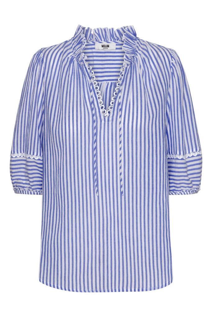 Such a pretty blouse!&nbsp; This feminine and flirty blouse features a flattering v neck. short sleeves with elastic at the ends and a relaxed fit.&nbsp; In an in trend blue and white stripe this looks perfect paired with your white denim.