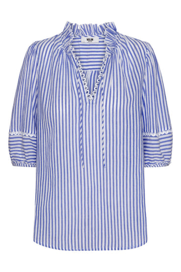 Such a pretty blouse!&nbsp; This feminine and flirty blouse features a flattering v neck. short sleeves with elastic at the ends and a relaxed fit.&nbsp; In an in trend blue and white stripe this looks perfect paired with your white denim.