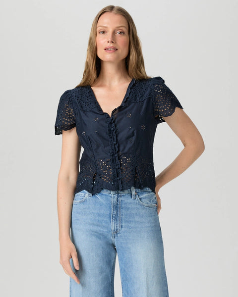 Say hello to your new favourite Summer top!&nbsp; Crafted from super soft cotton and featuring a fitted button front, short sleeves, a scalloped hem, a flattering v neck and eyelet detailing throughout.&nbsp; Pair with your favourite cut off jeans for a relaxed cool Summer vibe.