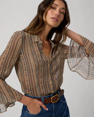 Paige have created another beautiful blouse!&nbsp; The Jasmeet Blouse features a shirt collar, a flattering v neck, centre buttoning and lovely fluted sleeves.&nbsp; Crafted from Paige's signature super soft silk this will look fabulous with chocolate trousers or denim.
