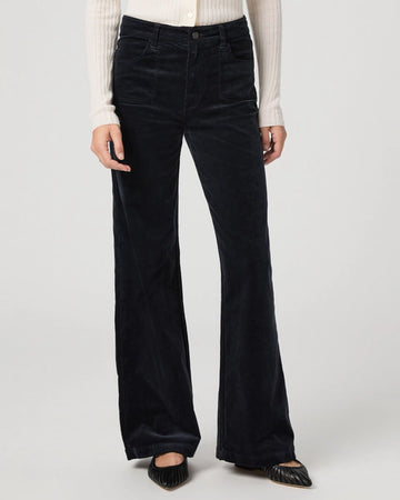 This modern high waisted wide leg jean from Paige has an easy relaxed fit and the elongated silhouette gives an effortlessly chic look.&nbsp; This pair is crafted from Paige's luxuriously soft super stretchy cotton corduroy fabric and features stitch utility pockets.&nbsp; This elevated corduroy jean can be styled casually for the day with a knit or pair with a pretty silk blouse for evening and you can be assured they will have the most comfortable fit from dawn til dusk.