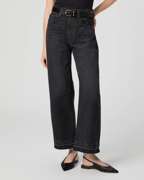 Finally a wearable and flattering barrel leg jean!&nbsp; Say hello to Arellia.&nbsp; Crafted from Paige Heritage Denim in an elevated black wash and featuring a high rise, a cropped ankle length inseam and a wide finished hem these will look fab and feel perfectly lived in from the first wear. Pair with a neat tee or knit on top for a classic daytime look.