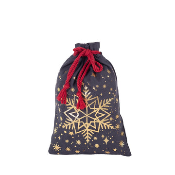 Make your Christmas wrapping easier with these cotton gift bags featuring gold snowflakes and a drawstring tie.   