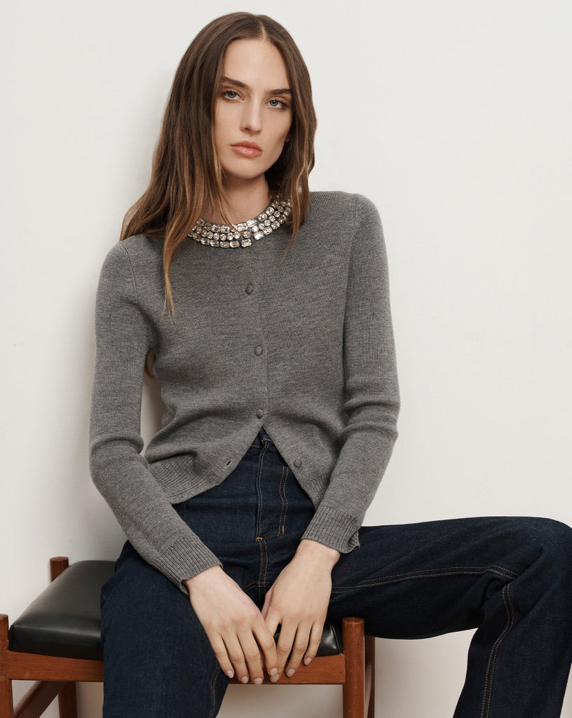 Who would have thought a cardigan could be sexy!&nbsp; Say hello to Daro.&nbsp; Crafted from super soft extra fine merino wool (so definitely works if the venue is a bit overheated)&nbsp; this lovely little knit features a shrunken, slim fit, a crystal embellished collar, tonal snap buttons and ribbed trim.&nbsp; Pair during the day with your favourite denim or layer over a pretty slip dress for evening.&nbsp;&nbsp;