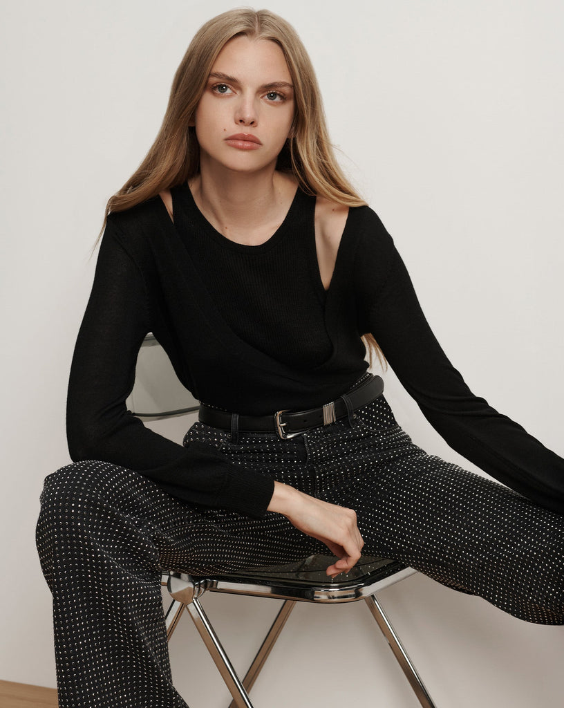 We love an interesting black top and Lolasee is one we absolutely love!&nbsp; Crafted from super soft merino wool and featuring two pieces in one - a v neck jumper layered over a ribbed tank with a subtle yet sexy shoulder revealing detail.&nbsp; The is perfect with your favourite denim for casual cocktails!