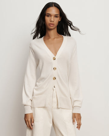 The Lamotte Cardigan is definitely a cardigan with a difference!&nbsp; Crafted from luxuriously soft ivory cashmere the Lamotte features a deep sexy v neckline, a split hem for a flattering shape, oversized blouson sleeves and ribbed trims.&nbsp; When paired with your favourite denim it will elevate that simple cardi and denim look to a whole new level!&nbsp;&nbsp;