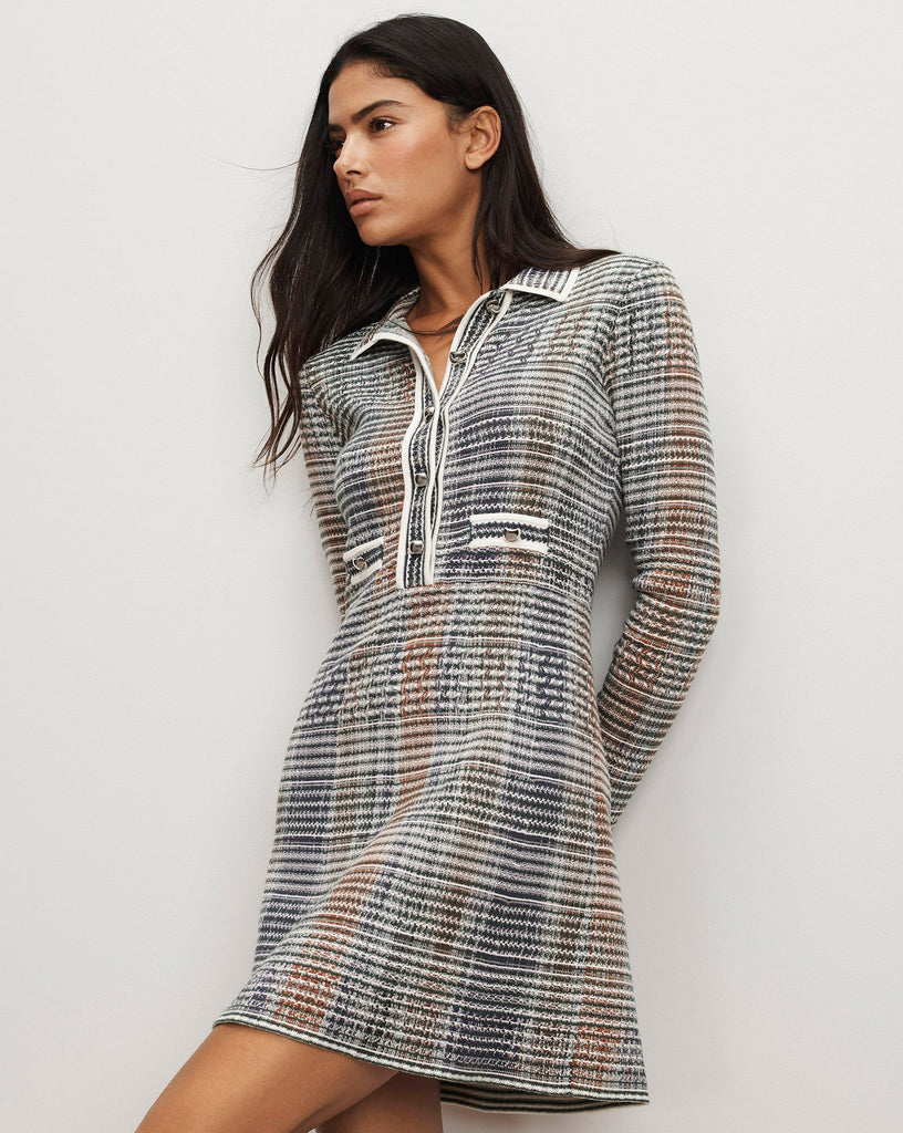 The ultimate coffee to cocktails dress, Lauper finds that elusive balance between office ready and cocktail cool.&nbsp; Spun from a multicoloured tweed like knit in a super stretchy fabric and featuring a trim collar, half placket of silver buttons, faux front pockets and long slim sleeves the wearing opportunities are endless.&nbsp; Pair with trainers, boots or heels and you're ready for any eventuality!