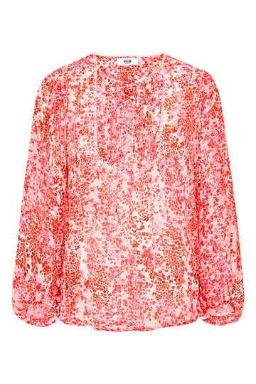 Say hello to Isla!&nbsp; This flirty and feminine blouse from uber cool Skandi brand Moliin features a flattering v neck, a squared ruffled panel at upper middle front and long voluminous sleeves.&nbsp; In a pretty pink print this looks fab paired with your favourite white denim or denim shorts.