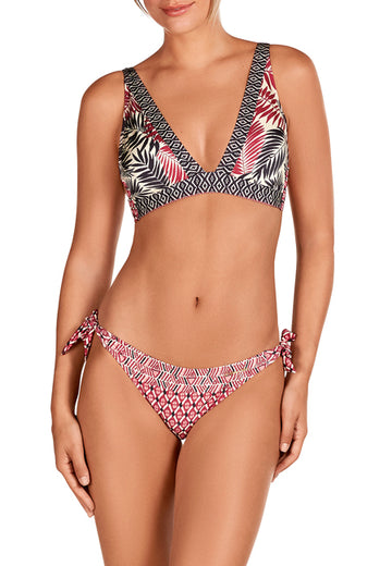 <span style="font-family: -apple-system, BlinkMacSystemFont, 'San Francisco', 'Segoe UI', Roboto, 'Helvetica Neue', saIn shades of pink, dark red, black and cream this beautiful Palm print inspired bikini has removable lightly padded cups, thick should straps and a clip fastening on the back. The bottoms have tie sides for the perfect fit.  Fully lined this bikini will be sure to your summer holiday staple.  Why not pair with the matching trousers and a pair of sparkly flip flops.