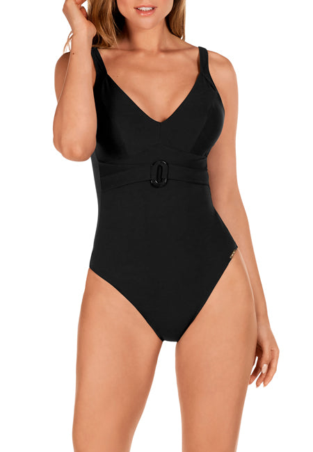 <p>Family run, Spanish brand Dolores Cortes has done it again with this incredibly flattering black swimsuit.&nbsp; &nbsp;Featuring a double belt detail with a black glossy resin black buckle at the front, lightly padded cups, wide straps and a deep back ensure a comfortable and flattering fit.