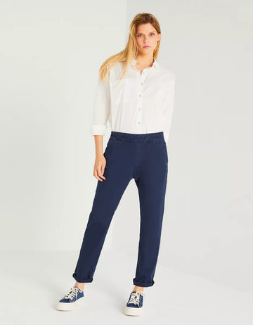 Please welcome Suzie into your wardrobe! The modern, sporty, comfortable, elasticated waist version of the chino.  The lovely blue trousers have rolled cuffs, front pockets and just enough stretch to make these your go-to trousers.  Slightly dressier than jeans but casual enough for everyday you will be able to dress these staples up or down with a goreous cashmere jumper or a classic shirt or blouse.  Why not get a pair in each colourway? What is not to like!! 