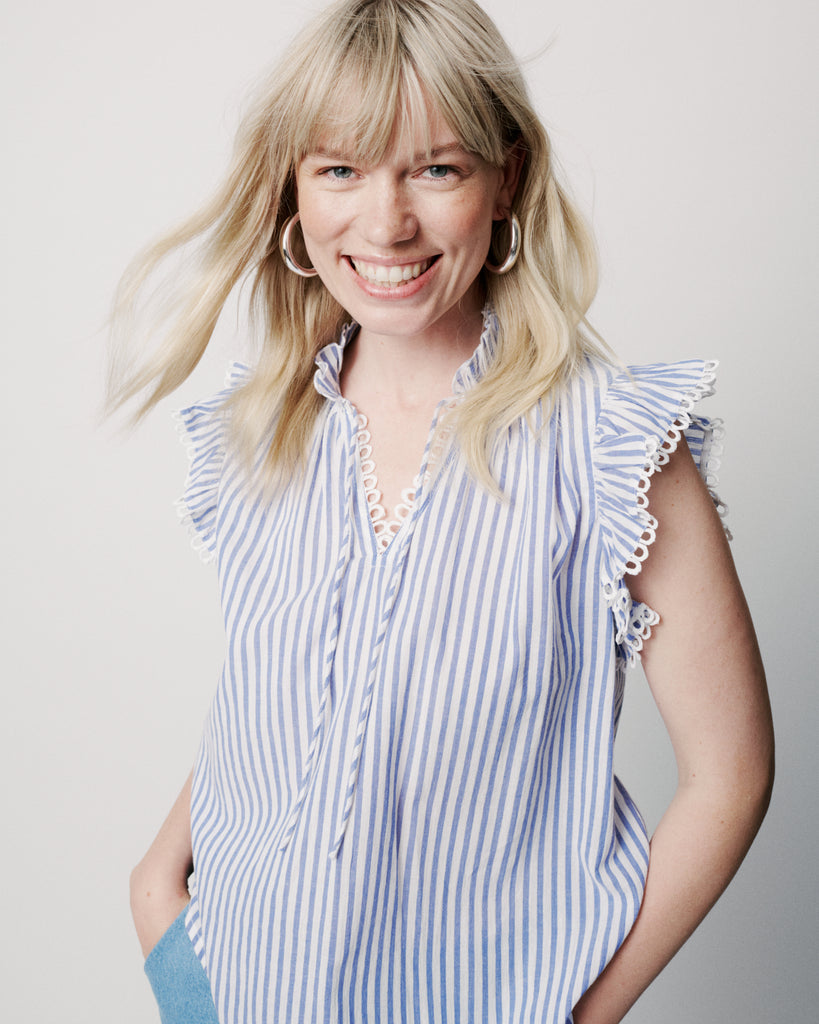 Such a pretty blouse!&nbsp; April from uber cool Scandi brand Moliin is feminine and flirty.&nbsp; Featuring a flattering v neck, self tie at the neck and ruffle detail at the neckline and shoulder this is the perfect top paired with your favourite denim jeans or shorts when the temperatures rise.