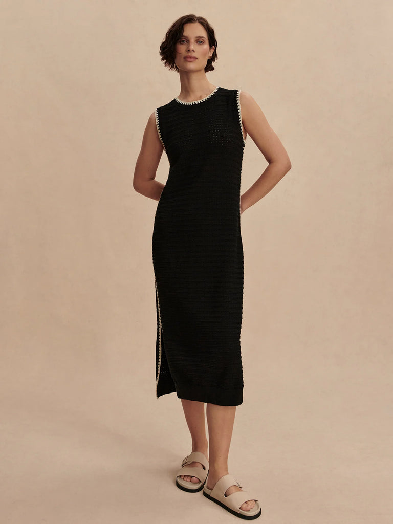 Be on trend with this chic sleeveless knit dress from Varley. Crafted from 100% cotton pointelle knit, it features contrasting white scalloped edging around the neckline, sleeves and side splits. Pairs equally well with trainers, sandals and loafers.