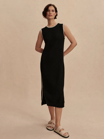 Be on trend with this chic sleeveless knit dress from Varley. Crafted from 100% cotton pointelle knit, it features contrasting white scalloped edging around the neckline, sleeves and side splits. Pairs equally well with trainers, sandals and loafers.