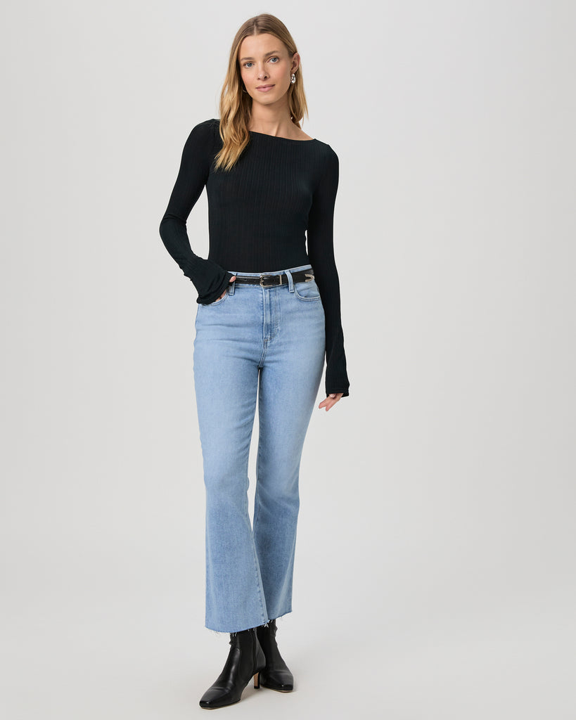 These vintage-inspired, high-rise ankle flared jeans from Paige feature lived-in details like the natural whiskering and raw hem. Cut from their TRANSCEND VINTAGE denim, this style is incredibly comfortable and offers plenty of stretch.