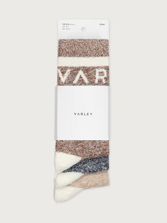 These Spencer Socks from Varley are woven in a boucle-effect yarn and feature stripes, contrasting heal and toe, and the classic Varley logo. They are soft and extremely comfortable and perfect for the cooler weather. The pack consists of one pair each in Acorn, Charcoal and Sand Marl.

