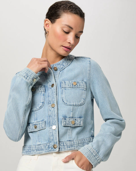 Kiya is a new style jacket from Paige - a classic collarless denim jacket!&nbsp; Featuring a cropped neat fit, stitch detailing, a 5 button closure and double patch pockets and coming in a vintage inspired light wash this is a jacket you will reach for again and again.&nbsp;
