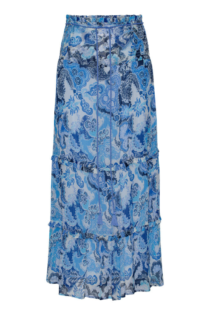 Super cool easy to wear skirt in a gorgeous blue print!&nbsp; Featuring a super comfy elasticated waistband and feminine flirty layers pair this with the matching Gillian Blouse and it become a dress!&nbsp; Equally lovely with a white tee and trainers.&nbsp; Love it!