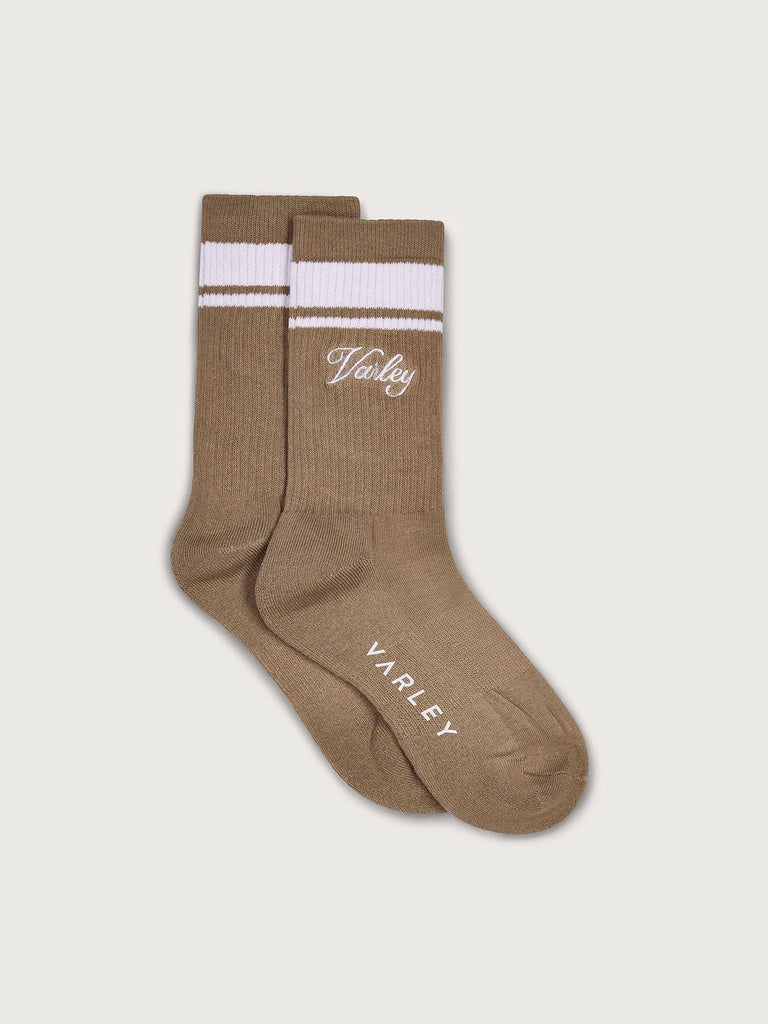 These Lamar Club Socks from Varley are a cotton-blend and feature stripe detailing and the Varley logo. They are perfect for everyday wear.

