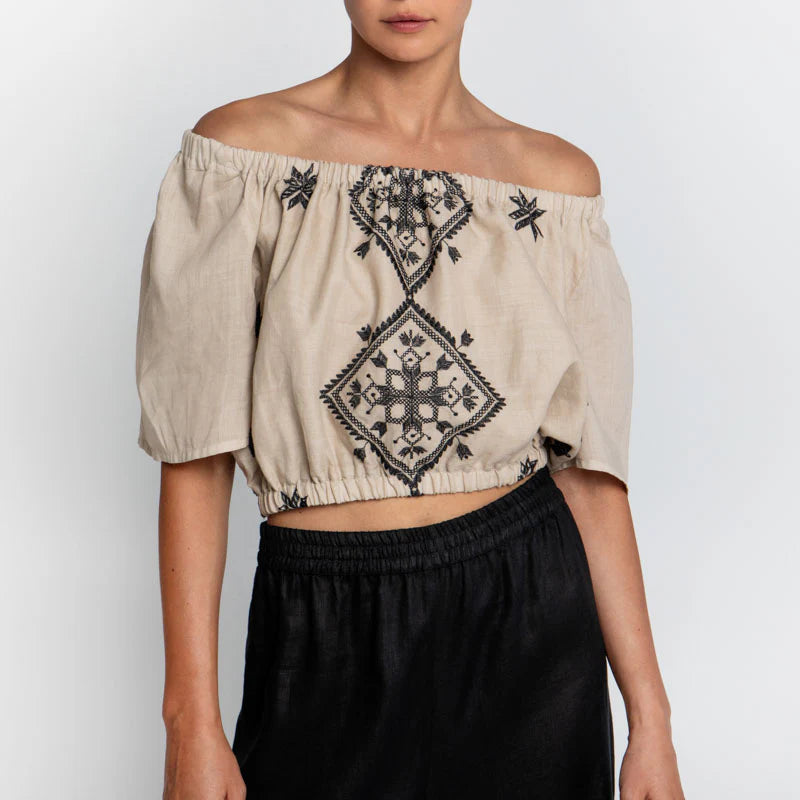 This pretty top from Greek Archaic Kori definitely deserves a place in your Summer wardrobe.&nbsp; Crafted from Kori's super soft breathable fabric and featuring a pretty geometric pattern and a sexy off the shoulder style this looks fab paired with the matching Lefkada Shorts in the same print.&nbsp;