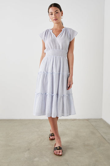 The Amellia Midi Dress is crafted from lightweight luxe linen, fully lined and features flutter cap sleeves, a feminine flowy tiered skirt and a flattering smocked waistband. This is an easy pullover style that makes it a great choice when you're in a rush but want to look pretty!