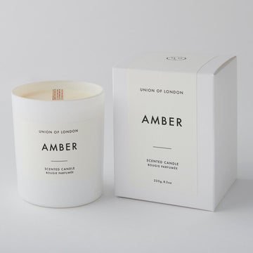 We are so delighted to be stocking Union of London's gorgeous candles.  The Amber large white candle has a beautifully blended scent of musk with notes of honey.  Amber is such a wonderful warming scent - slightly smoky, yet also powdery and woody.  A perfect candle for Autumn.  