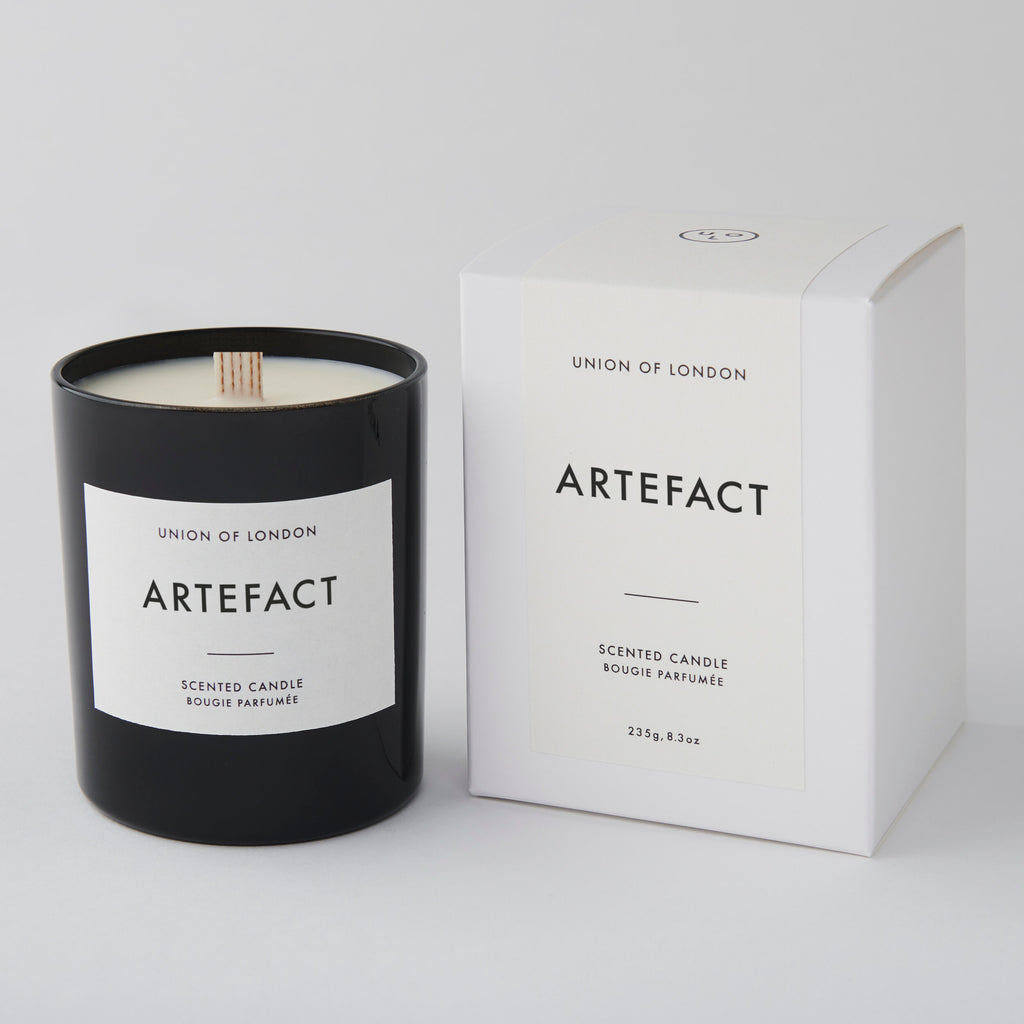 We are so delighted to be stocking Union of London's gorgeous candles.  The Artefact large black candle has a beautiful blend of smoke and leather with notes of  cedarwood, citrus, tobacco, musk and amber.   The fragrance is perfect for cosy evenings.  All of Union of London's candles are hand poured from soy wax and they only use quality fragrances and essential oils so they give a lovely clean burn.  The unique wide cotton wick creates a large warm light giving any room an added elegance.