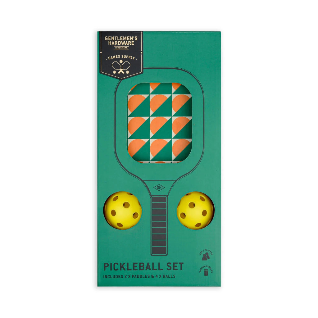 Raise your pickle ball game with this eye catching set from Gentlemen's Hardware.&nbsp; Featuring 2 paddles and 4 balls you're all set for a fun afternoon of exciting play!
