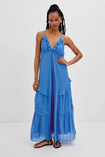 Say hello to Boa!&nbsp; This is a lovely new style from uber cool Californian brand Rails.&nbsp; In a pretty bright blue and crafted from their signature super soft fabric this pretty maxi dress ticks lots of our boxes.&nbsp; Featuring a flattering v neck, empire waist, dainty ruffle detail at the neck, centre and throughout the skirt this is a wow dress that will work for everything from date night to a wedding!&nbsp;