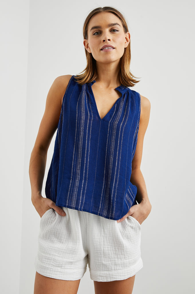 This pretty little sleeveless top from Rails is perfect for when the temperatures rise!&nbsp; Crafted from their signature super soft fabric and featuring a flattering v neck and slight silver lurex detailing stripes throughout.&nbsp; Perfect to pair with Rails Leighton shorts or your favourite white denim.