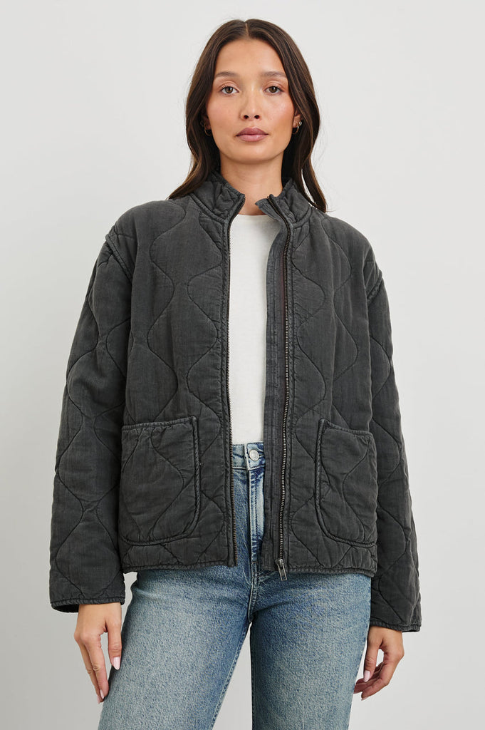 We love it when comfort meets cool!  The Denver Jacket in fade black is a easy throw on and go jacket for when you need a little bit of warm.  Featuring a central zip, relaxed shape and patch pockets this looks great over a white tee and your favourite denim.   