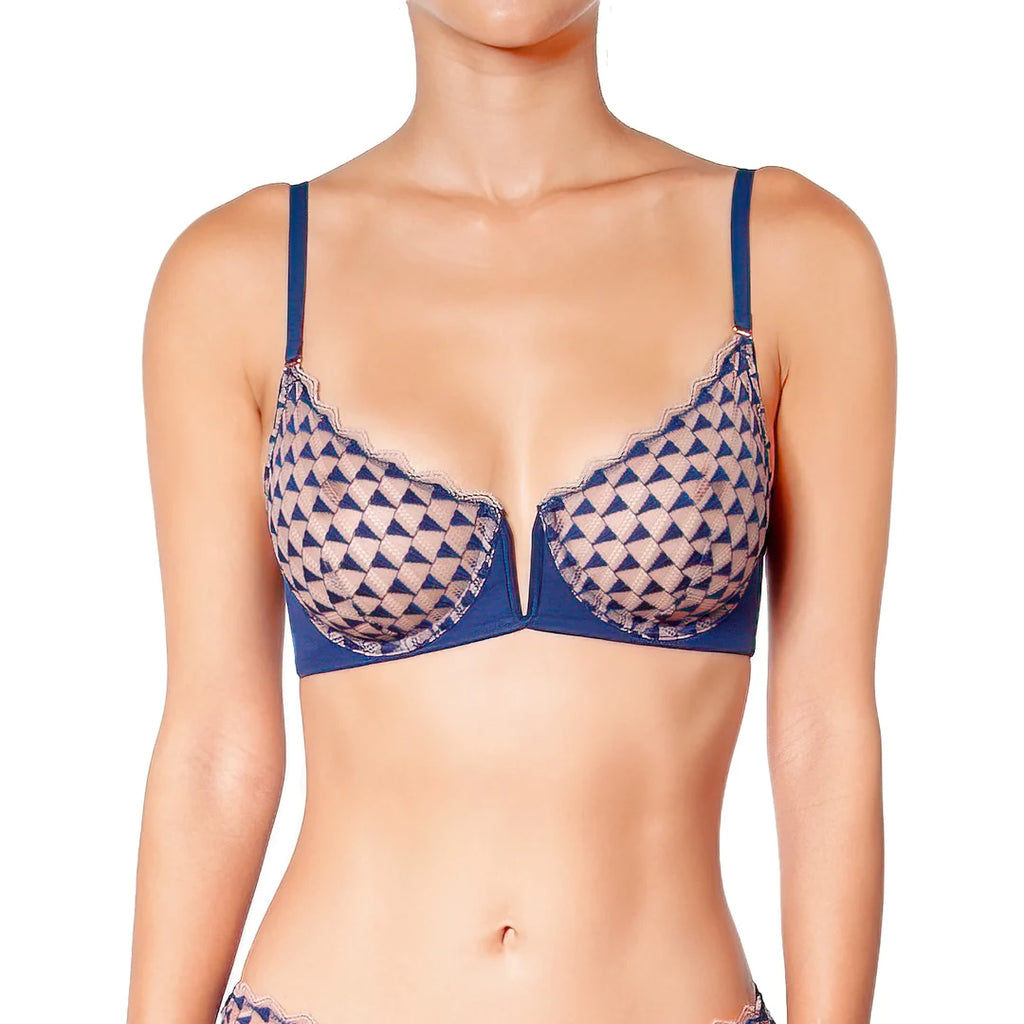 Indulge in the allure of this lace geometric patterned underwired bra in navy and nude.  Comfortable as well as beautiful the stretch lace cups fit perfectly and the v-cut front enhances the cleavage.  Matching items also available.  