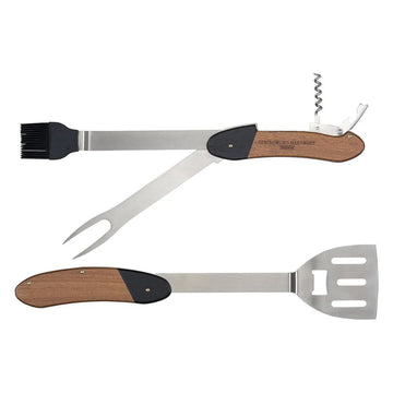 Perfect gift for the BBQer in your life!&nbsp; Crafted with a super durable wooden handle and featuring a stainless steel spatula, basting brush, fork, bottle opener and corkscrew this will be a valuable addition to your outdoor setup.