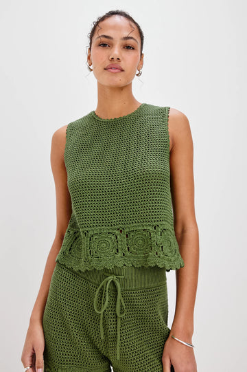 Trust me you will want a crochet top this season!&nbsp; The Hazel knit from Rails is a perfect choice.&nbsp; In a gorgeous green and featuring a crew neck, self tie at the back neck and lovely detailing at the hem this is perfect paired with your favourite denim shorts or skirts.