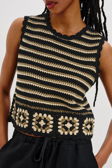 Trust me you will want a crochet top this season!&nbsp; The Hazel knit from Rails is a perfect choice.&nbsp; In a very on trend stripe and featuring a crew neck, self tie at the back neck and lovely detailing at the hem this is perfect paired with your favourite denim shorts or skirts.