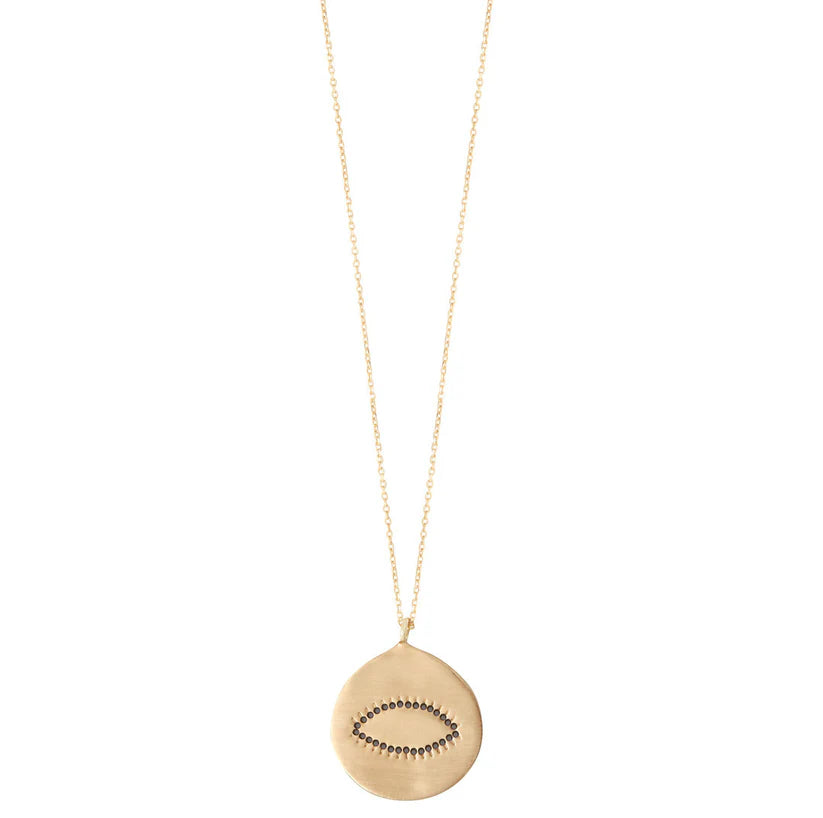 The Happy Necklace is a must for your jewellery box!  These simple yet elegant pendant necklaces are timeless.  Featuring a large gold plated disc paved with black zircons these will elevate any outfit.   Great for day or night (chain 68cm long).    